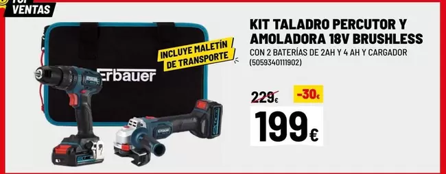 Oferta de Brushless - Kit Taladro Percutor Y Amoladora 18v por 199€ en Brico Depôt