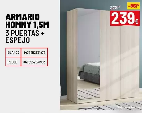 Oferta de Blanco - Armario Homny 1,5m 3 Puertas + Espejo por 239€ en Brico Depôt