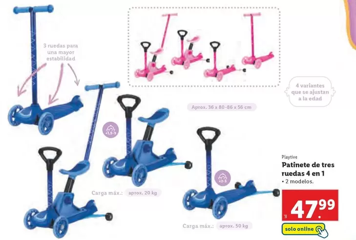 Oferta de Playtive - Patinete De Tres Ruedas 4 En 1 por 47,99€ en Lidl