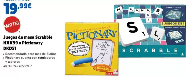 Oferta de Mattel - Juegos De Mesa Scrabble HXY99 O Picionary DKD51 por 19,99€ en Costco