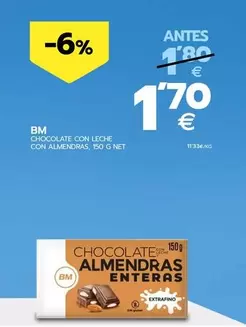 Oferta de Bm - Chocolate Con Leche Con Almendras por 1,7€ en BM Supermercados