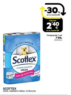 Oferta de Scottex - Papel Higiénico Mega, 12 Rollos por 7,99€ en BM Supermercados