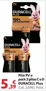 Oferta de Duracell - Pila 9v O Pack 2 Pilas Co D por 5,39€ en Alcampo