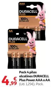 Oferta de Duracell - Pack 4 Pilas Alcalinas Plus Power Aaa O Aa por 4,99€ en Alcampo