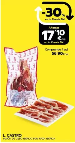 Oferta de L Castro - Jamon De Cebo Iberico 50% Raza Iberica por 56,9€ en BM Supermercados