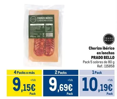 Oferta de Prado Bello - Chorizo Ibérico En Lonchas por 10,19€ en Makro