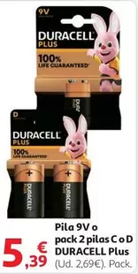 Oferta de Duracell - Pila 9v O Pack 2 Pilas Co D por 5,39€ en Alcampo