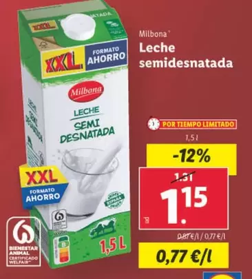 Oferta de Milbona - Leche Semidesnatada por 1,15€ en Lidl