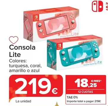 Oferta de Nintendo SWITCH - Consola Lite por 219€ en Carrefour