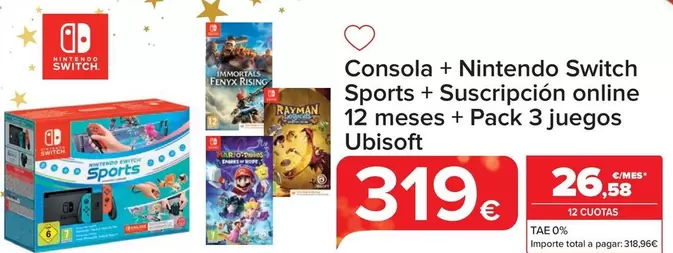 Oferta de Consola + Nintendo Switch Sports + Suscription Online 12 Meses + Pack 3 Juegos por 319€ en Carrefour