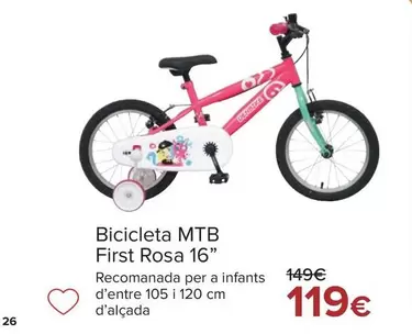 Oferta de Bicicleta MTB First Rosa 16" por 119€ en Carrefour