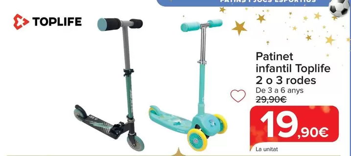 Oferta de Toplife - Patinete Infantil 2 0 3 Ruedas por 19,9€ en Carrefour