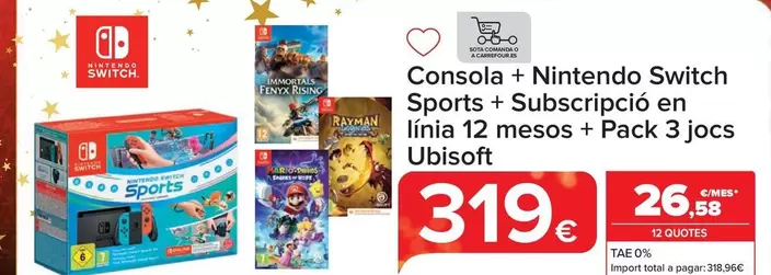 Oferta de Nintendo - Consola + Switch Sports + Suscription Online 12 Meses + Pack 3 Juegos Ubisoft por 319€ en Carrefour