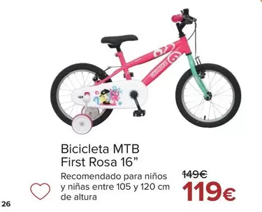 Oferta de Bicicleta MTB First Rosa 16" por 119€ en Carrefour