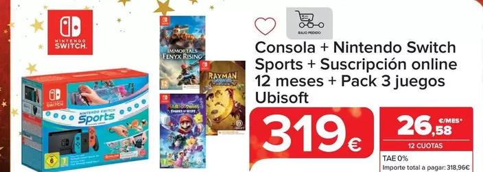 Oferta de Nintendo - Consola + Switch Sports + Suscription Online 12 Meses + Pack 3 Juegos Ubisoft por 319€ en Carrefour