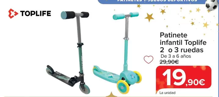 Oferta de Toplife - Patinete Infantil 2 0 3 Ruedas por 19,9€ en Carrefour