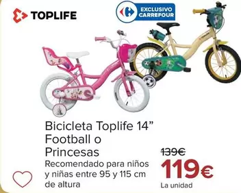 Oferta de Toplife - Bicicleta 14" Football O Princesas por 119€ en Carrefour