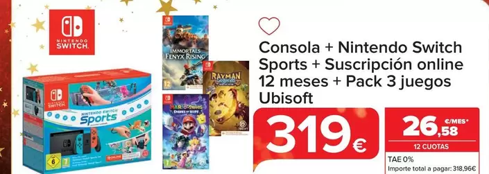 Oferta de Nintendo - Consola + Switch Sports + Suscripción Online 12 Meses + Pack 3 Juegos Ubisoft  por 319€ en Carrefour