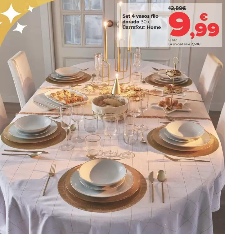 Oferta de Carrefour Home - Set 4 Vasos Filo Dorado 30 Cl  por 9,99€ en Carrefour