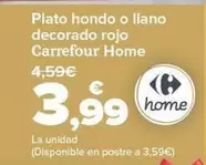 Oferta de Carrefour Home - Plato Hondo O Llano  Decorado Rojo   por 3,99€ en Carrefour