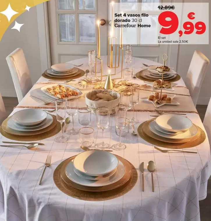 Oferta de Carrefour Home - Set 4 Vasos Filo Dorado 30 Cl  por 9,99€ en Carrefour