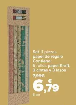 Oferta de Set 11 Piezas Papel De Regalo Contiene : Papel Kraft , 3 Cintas Y 3 Lazos por 6,79€ en Carrefour