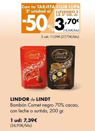 Oferta de Lindor - Bombón Cornet Negro 70% Cacao por 7,39€ en Supermercados Lupa