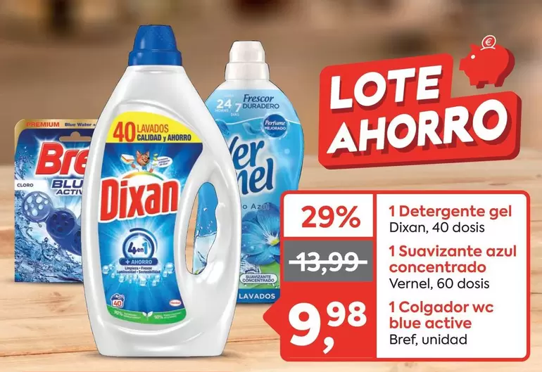 Oferta de Dixan/Vernel/Bref - Detergente Gel  /Suavizante Azul Concentrato/1 Colgador WC Blue Active por 9,98€ en Suma Supermercados