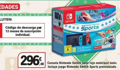 Oferta de Nintendo SWITCH - Consola Color Rojo Neón/Azul Neón. Incluye Juego Nintendo Switch Sports Preinstalado por 296€ en E.Leclerc