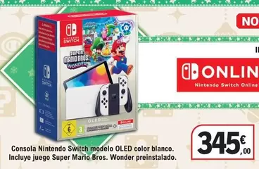 Oferta de Nintendo SWITCH - Consola Modelo Oled Color Blanco. Incluye Juego Super Mario Bros. Wonder Preinstalado por 345€ en E.Leclerc