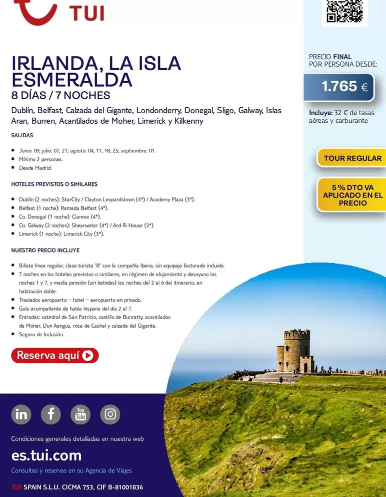 Oferta de Irlanda, La Isla Esmeralda 8 Días/7 Noches por 1765€ en Tui Travel PLC