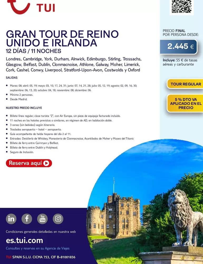 Oferta de Cambridge - Gran Tour De Reino Unido E Irlanda por 2445€ en Tui Travel PLC