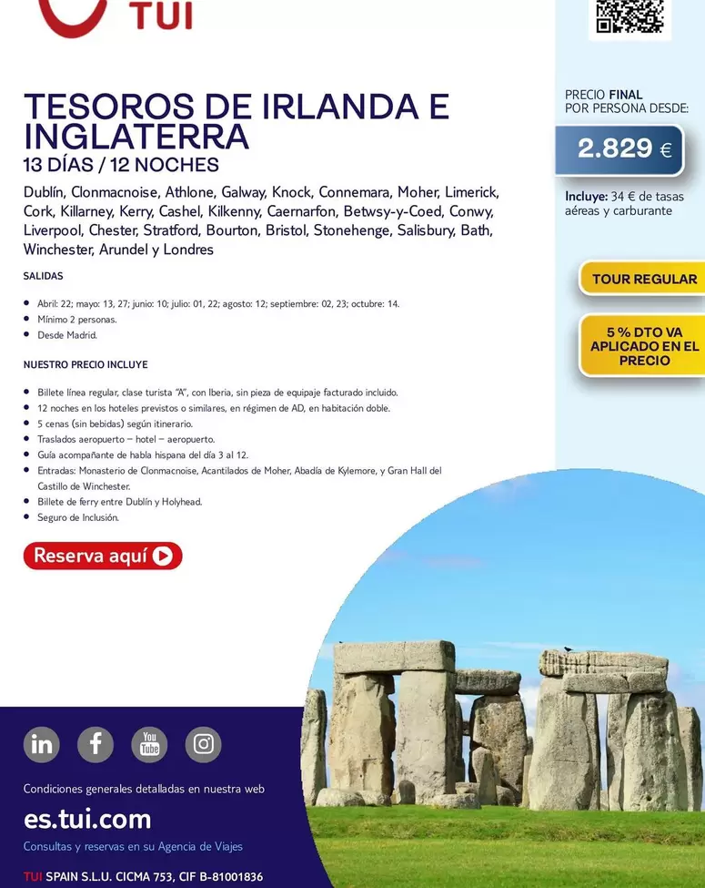 Oferta de Cif - Tesoros De Irlanda E Inglaterra por 2829€ en Tui Travel PLC