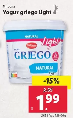 Oferta de Milbona - Yogur Griego Light por 1,99€ en Lidl