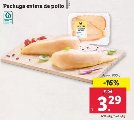 Oferta de Pechuga Entera De Pollo por 3,29€ en Lidl