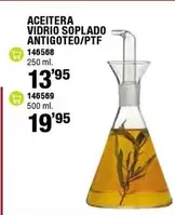 Oferta de Aceitera Vidrio Soplado Antigoteo/ptf por 13,95€ en ferrOkey