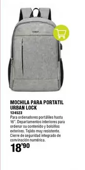 Oferta de Urban - Mochila Para Portatil Urban Lock por 18,9€ en ferrOkey