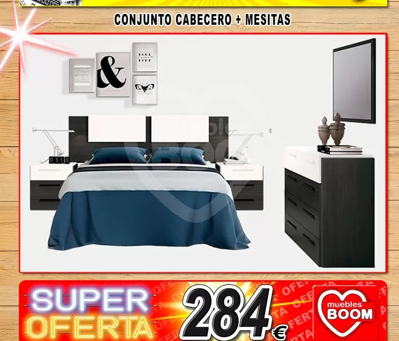 Oferta de Conjunto Cabecero + Mesitas por 284€ en Muebles Boom