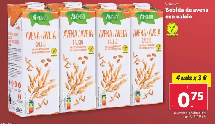 Oferta de Vemondo - Bebida De Avena Con Calcio por 0,75€ en Lidl