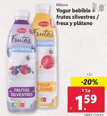 Oferta de Milbona - Yogur Bebible Frutos Silvestres / Fresa Y Platano por 1,59€ en Lidl