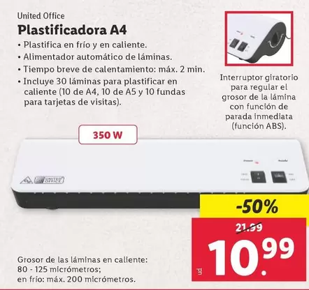 Oferta de United Office - Plastificadora A4 por 10,99€ en Lidl