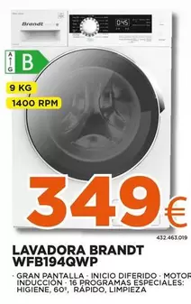 Oferta de Brandt - Lavadora Wfb194qwp por 349€ en Expert