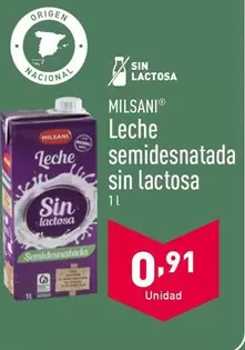 Oferta de Milsani - Leche Semidesnatada Sin Lactosa por 0,91€ en ALDI