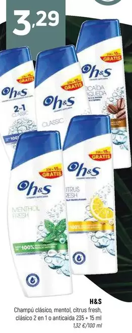 Oferta de H&S - Champú Clásico, Mentol, Citrus Fresh, Clásico 2 En 1 O Anticaida por 3,29€ en Coviran