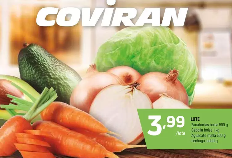 Oferta de Coviran - Zanahoria Bolsa, Cebolla Bolsa, Aguacate Malla, Lechuga Iceberg por 3,99€ en Coviran