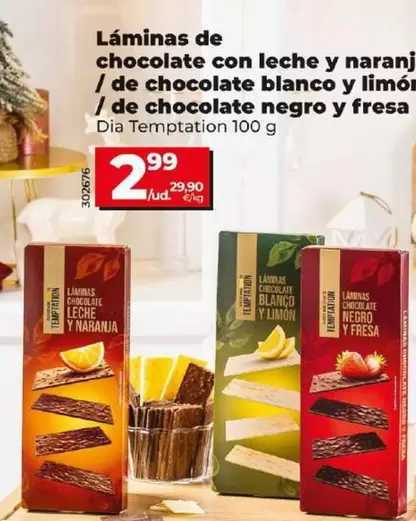 Oferta de Dia Temptation - Laminas De Chocolate Con Leche Y Naranja / De Chocolate Blanco Y Limon / De Chocolate Negro Y Fresa por 2,99€ en Dia