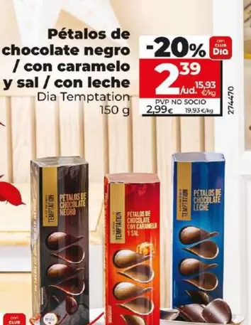 Oferta de Dia Temptation - Petalos De Chocolate Negro / Con Caramelo Y Sal / Con Leche por 2,39€ en Dia