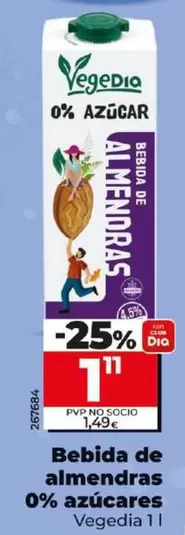 Oferta de Vegedia - Bebida De Almendras 0% Azucares por 1,11€ en Dia