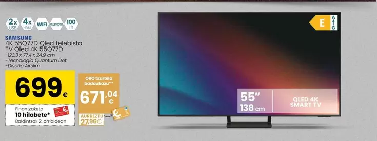 Oferta de Samsung - TV Qled 4K 55Q77D por 699€ en Eroski