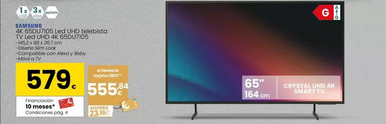 Oferta de Samsung - TV Led Uhd 4K 65DU7105 por 579€ en Eroski